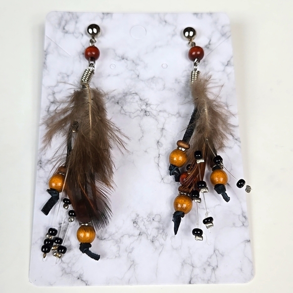 Vintage Feather and Bead Dangle Earrings - Picture 1 of 17
